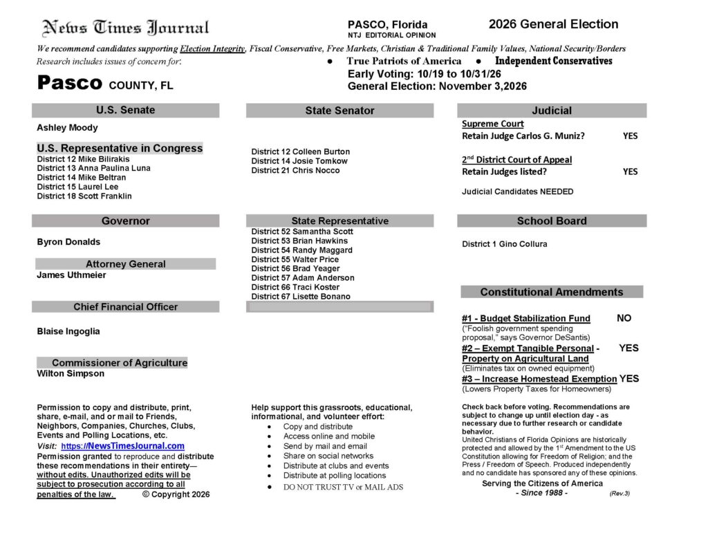 Pasco County Florida General Election Voter Guide 2026